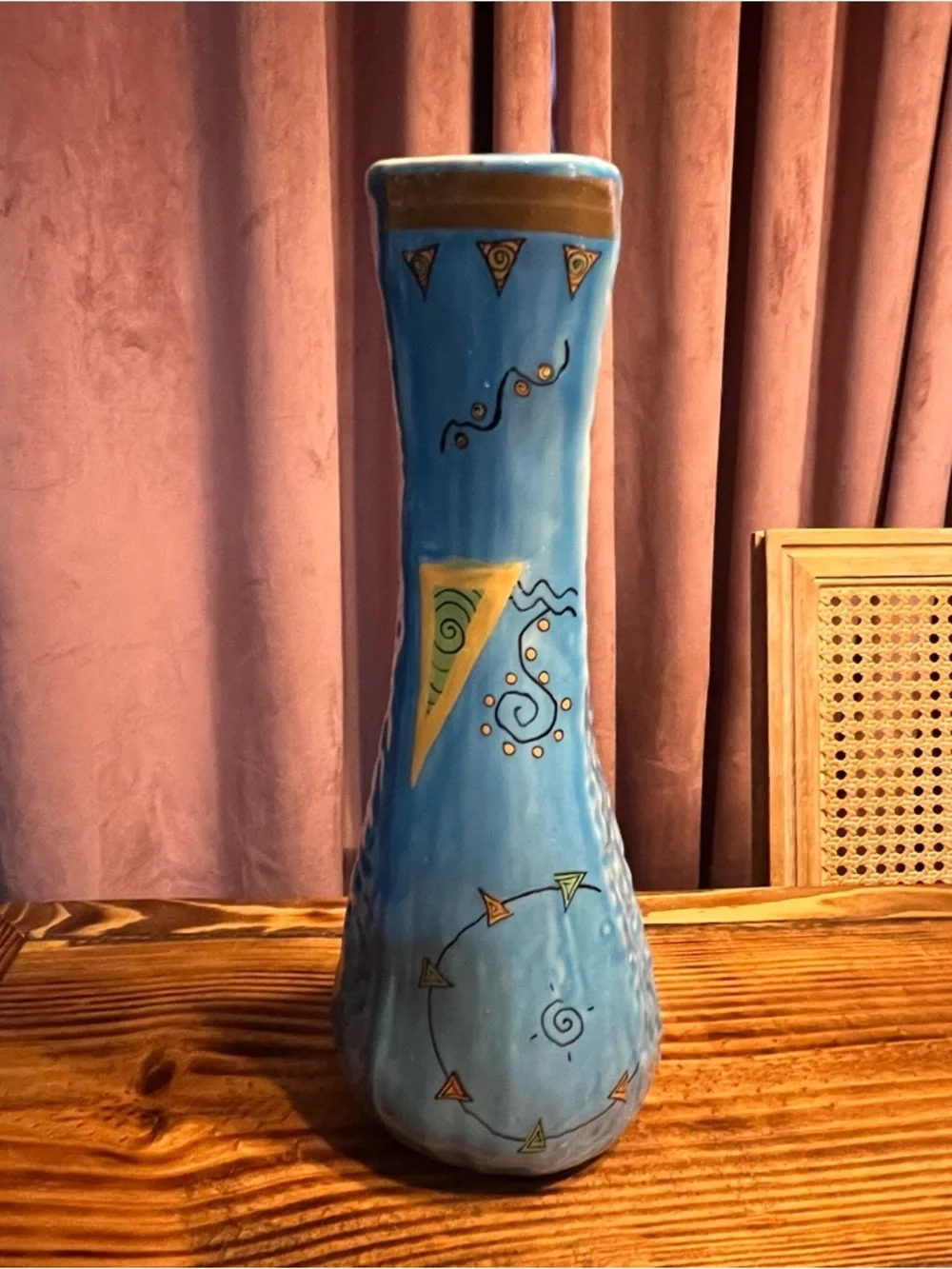 Handmade Studio Art Pottery Vase Blue Drip Glaze Textured Ceramic 14 Inch Tall